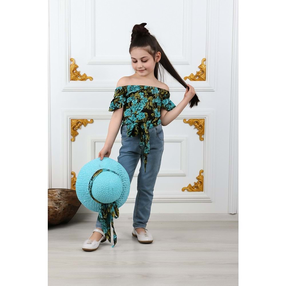 Kız Çocuk Kot Pantolon, Şapka , Bluz Takım
