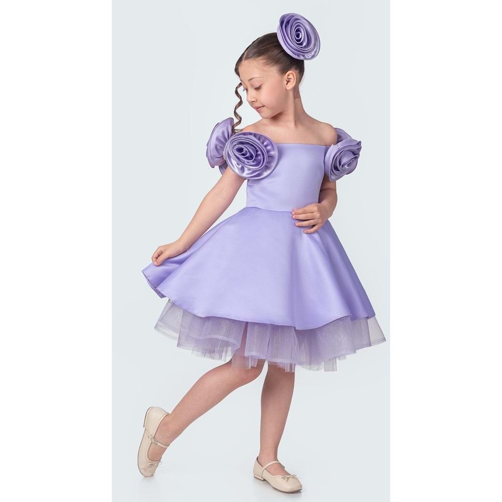 Omuz Gül Motifli Kız Çocuk Abiye Elbise SB735