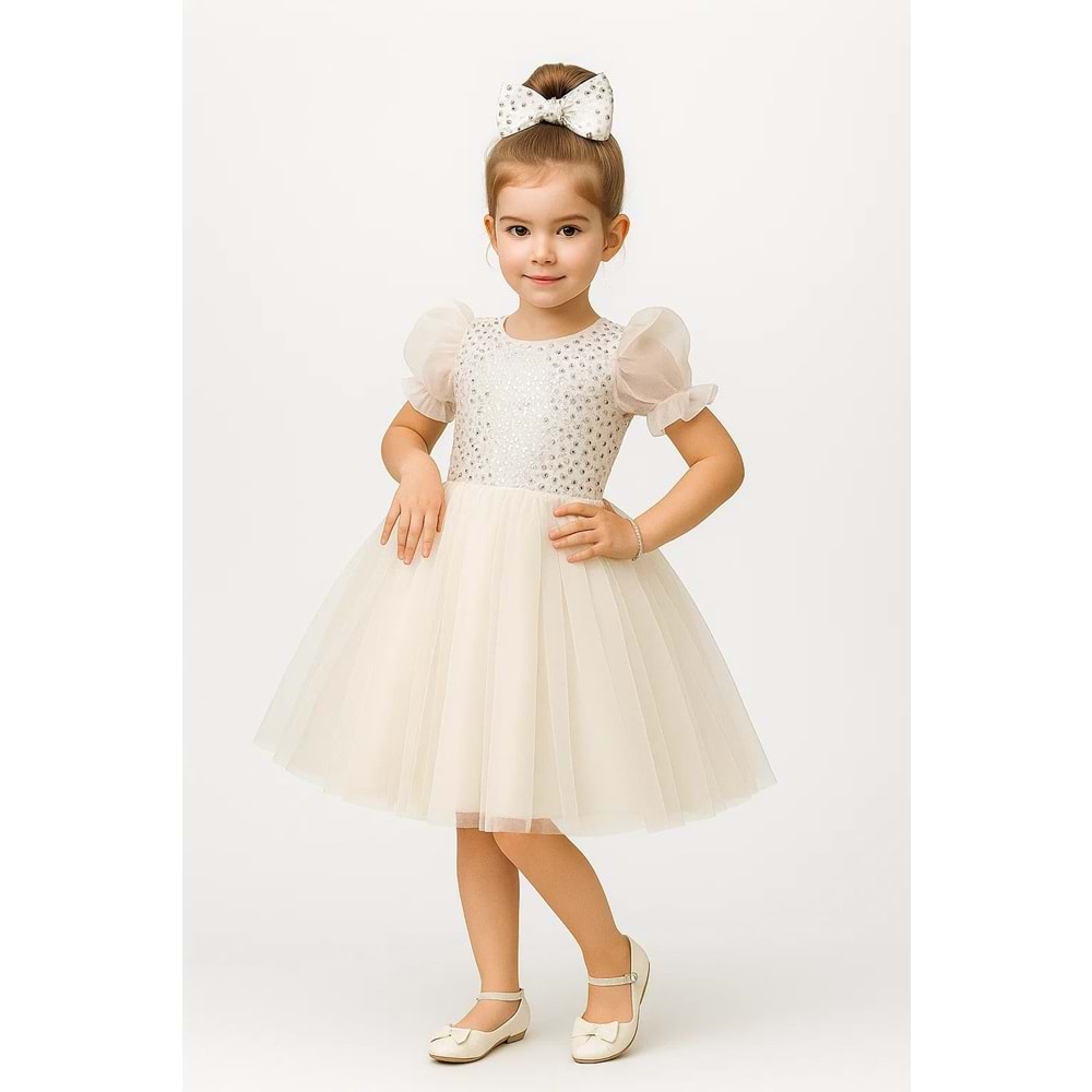 Tütü Etekli Balon Kol Kız Çocuk Elbise M00751