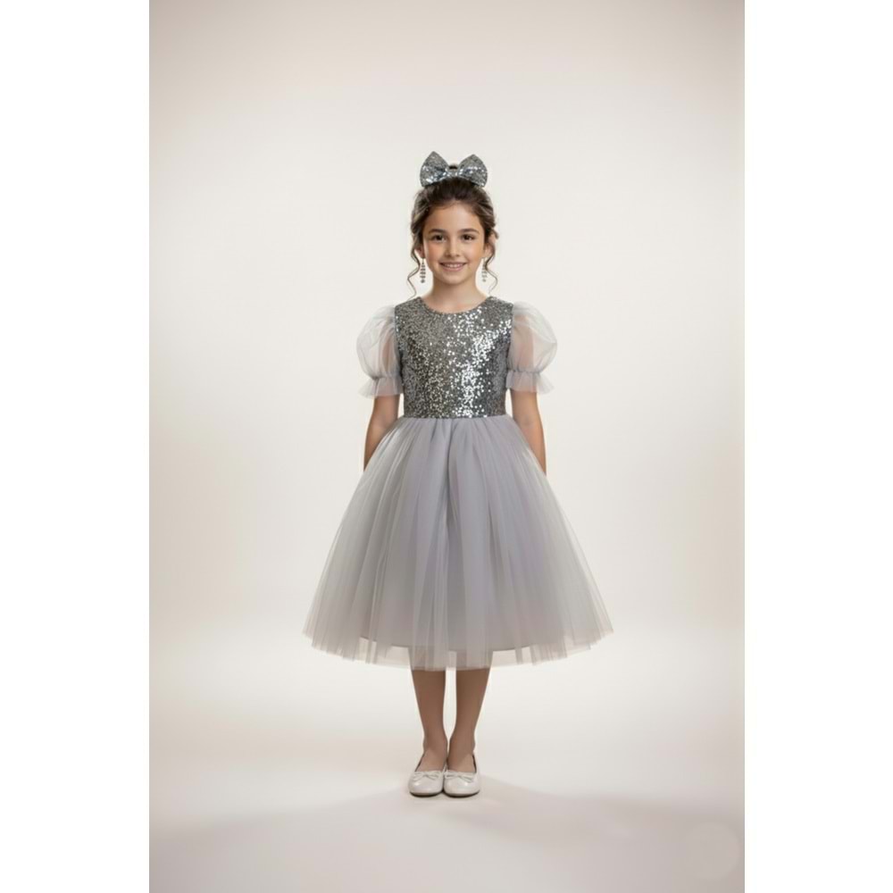 Tütü Etekli Balon Kol Kız Çocuk Elbise M00751