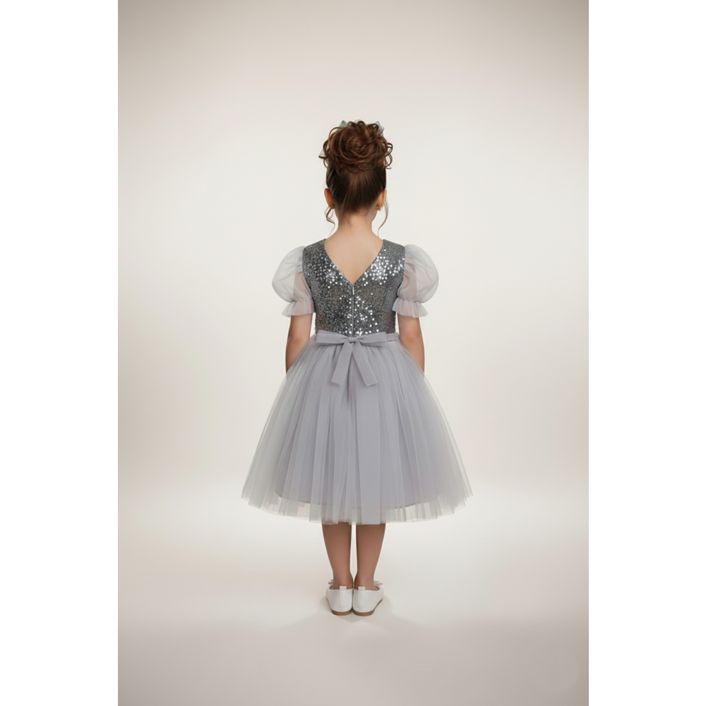 Tütü Etekli Balon Kol Kız Çocuk Elbise M00751