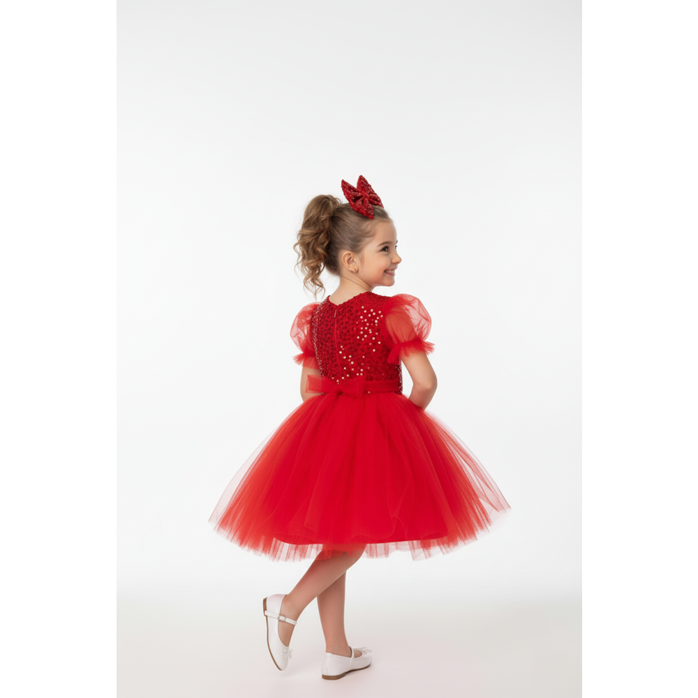 Tütü Etekli Balon Kol Kız Çocuk Elbise M00751