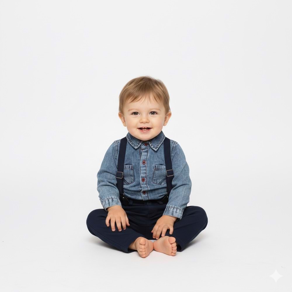 Gabardin Pantolonlu Denim Gömlekli Bebek Takım