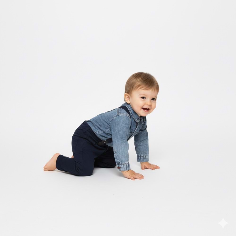 Gabardin Pantolonlu Denim Gömlekli Bebek Takım