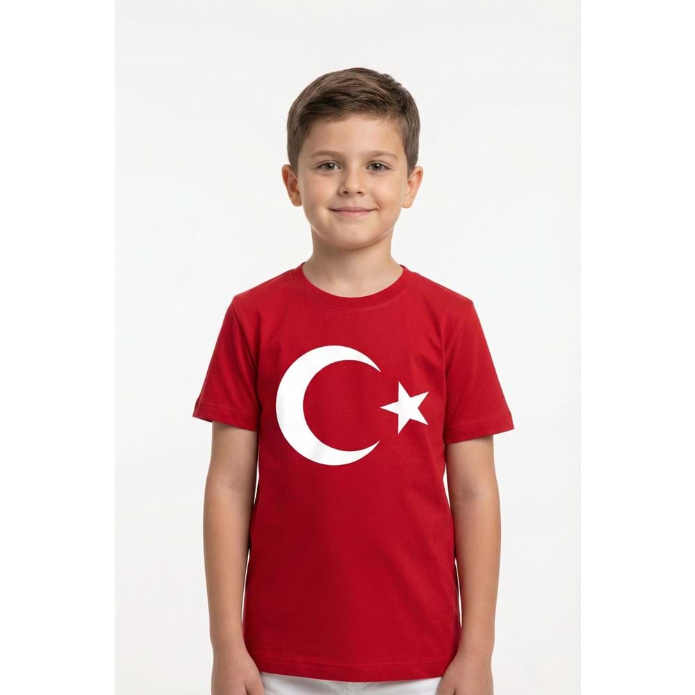 Ay Yıldız Türk Bayraklı için Pamuklu Kısa Kollu Unisex Çocuk Tişört M00791