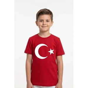 Ay Yıldız Türk Bayraklı için Pamuklu Kısa Kollu Unisex Çocuk Tişört M00791