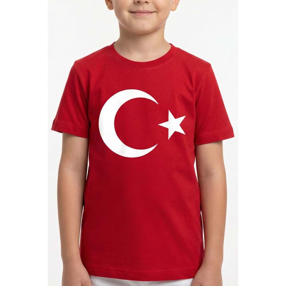Ay Yıldız Türk Bayraklı için Pamuklu Kısa Kollu Unisex Çocuk Tişört M00791