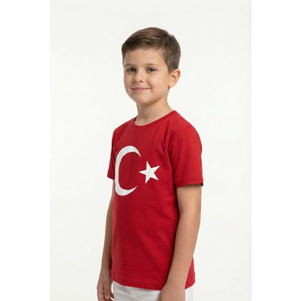 Ay Yıldız Türk Bayraklı için Pamuklu Kısa Kollu Unisex Çocuk Tişört M00791