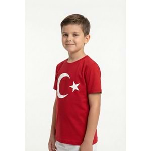 Ay Yıldız Türk Bayraklı için Pamuklu Kısa Kollu Unisex Çocuk Tişört M00791