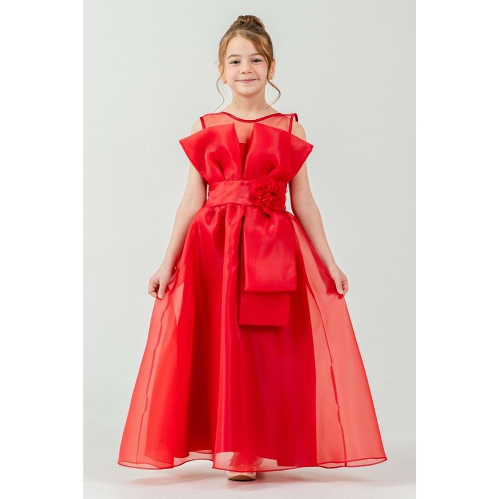 Kız Çocuk Esnek Gipe Sırtlı Çiçekli ve Kurdeleli Şık Organze Abiye M00800