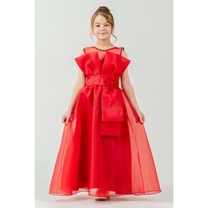 Kız Çocuk Esnek Gipe Sırtlı Çiçekli ve Kurdeleli Şık Organze Abiye M00800