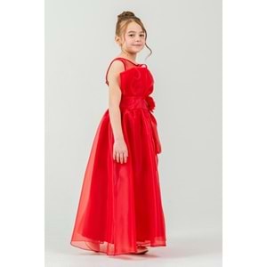 Kız Çocuk Esnek Gipe Sırtlı Çiçekli ve Kurdeleli Şık Organze Abiye M00800