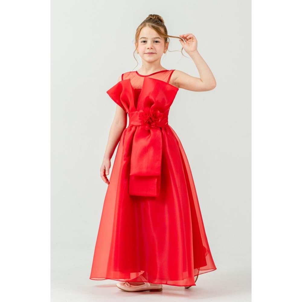 Kız Çocuk Esnek Gipe Sırtlı Çiçekli ve Kurdeleli Şık Organze Abiye M00800