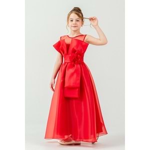 Kız Çocuk Esnek Gipe Sırtlı Çiçekli ve Kurdeleli Şık Organze Abiye M00800