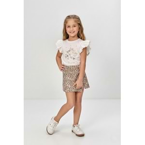 Kız Çocuk Lepoar Desen Etekli Fırfırlı T-Shirt Takım M00801