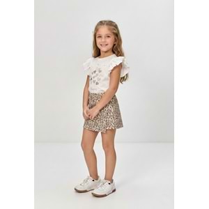 Kız Çocuk Lepoar Desen Etekli Fırfırlı T-Shirt Takım M00801