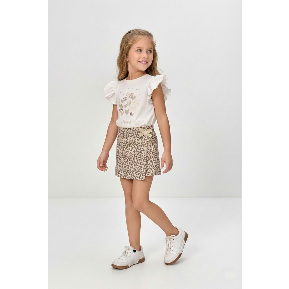 Kız Çocuk Lepoar Desen Etekli Fırfırlı T-Shirt Takım M00801