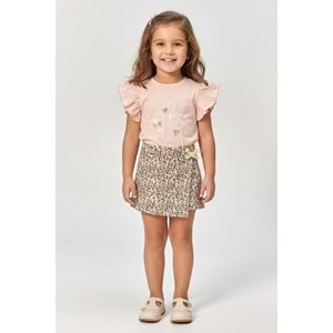 Kız Çocuk Lepoar Desen Etekli Fırfırlı T-Shirt Takım M00801