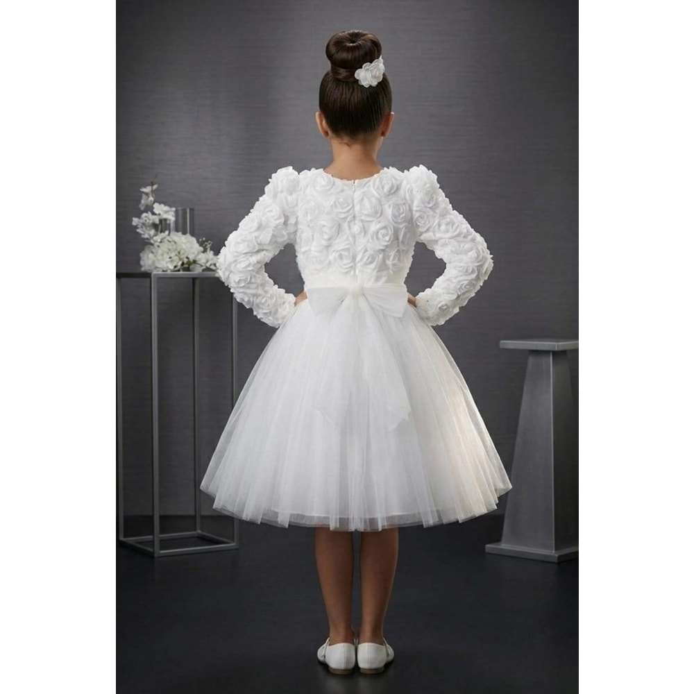 Tütülü Uzun Kol Güllü Tokalı Kız Parti Elbisesi