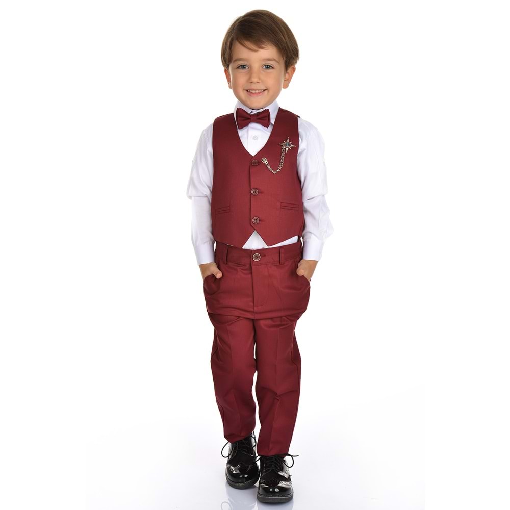 Erkek Çocuk 3 Düğmeli Yelek, Gömlek, Papyon, Broş ve Pantolon Özel Gün Takım SB0273