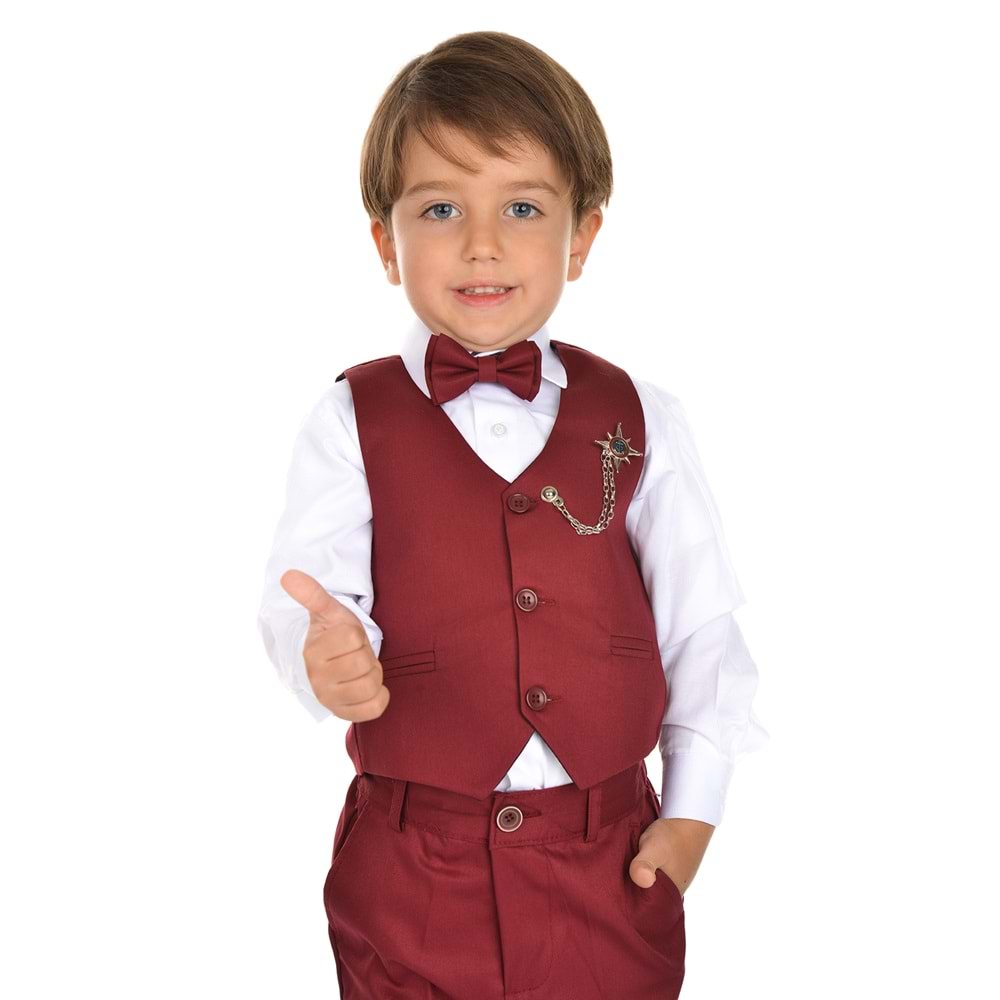 Erkek Çocuk 3 Düğmeli Yelek, Gömlek, Papyon, Broş ve Pantolon Özel Gün Takım SB0273