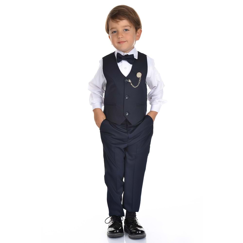 Erkek Çocuk 3 Düğmeli Yelek, Gömlek, Papyon, Broş ve Pantolon Özel Gün Takım SB0273
