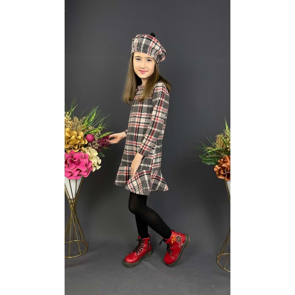 Ekose Desenli Kaşe Kumaş Kışlık Çocuk Elbise SB412