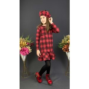 Ekose Desenli Kaşe Kumaş Kışlık Çocuk Elbise SB412