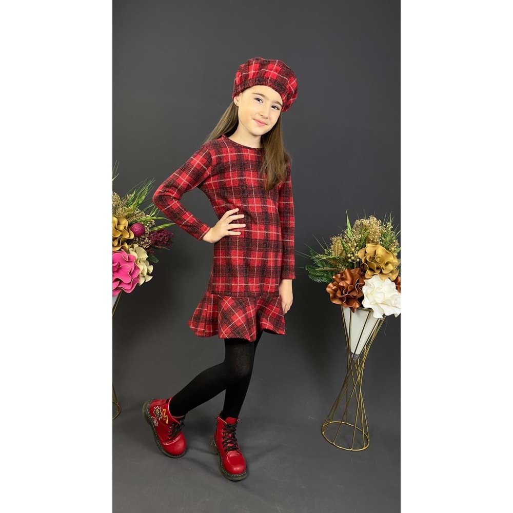 Ekose Desenli Kaşe Kumaş Kışlık Çocuk Elbise SB412