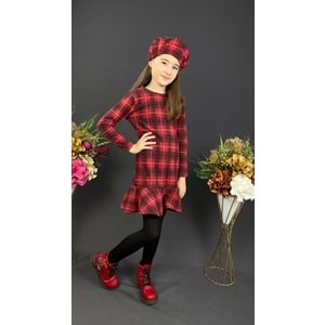 Ekose Desenli Kaşe Kumaş Kışlık Çocuk Elbise SB412