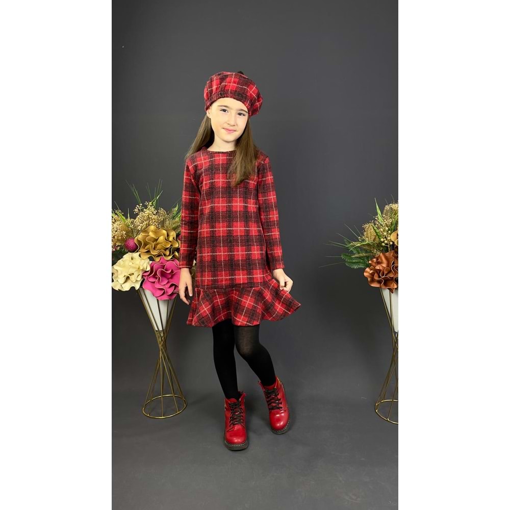 Ekose Desenli Kaşe Kumaş Kışlık Çocuk Elbise SB412