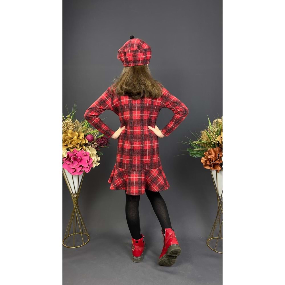 Ekose Desenli Kaşe Kumaş Kışlık Çocuk Elbise SB412