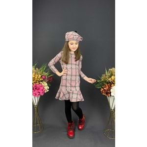 Ekose Desenli Kaşe Kumaş Kışlık Çocuk Elbise SB412