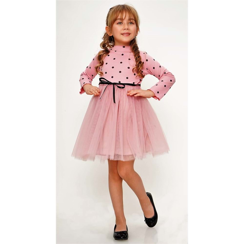 Kız Bebek Çocuk Prenses Kabarık Tütü Uzun Kol Puantiyeli Elbise SB416