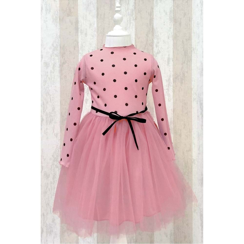 Kız Bebek Çocuk Prenses Kabarık Tütü Uzun Kol Puantiyeli Elbise SB416