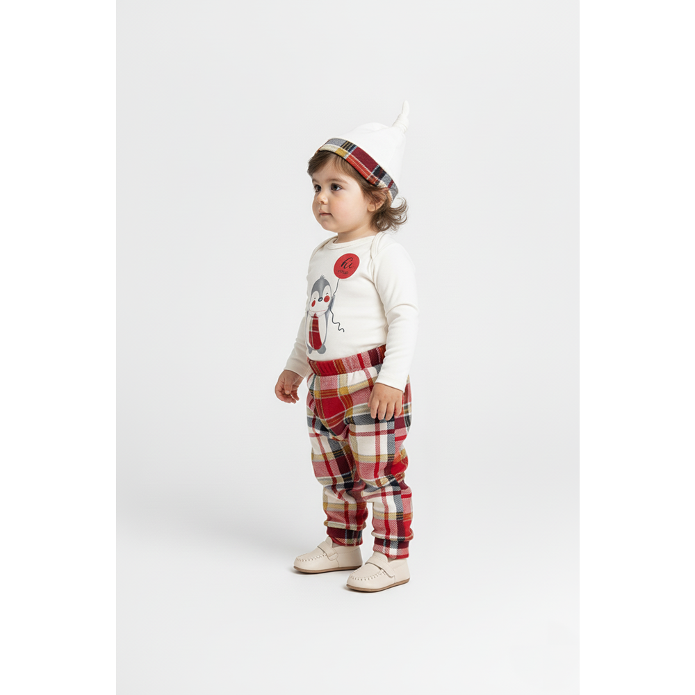 Erkek Bebek Ekose Pantolonlu Şapkalı Body Takım SB587