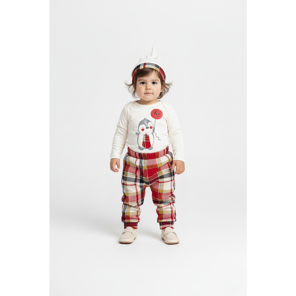 Erkek Bebek Ekose Pantolonlu Şapkalı Body Takım SB587