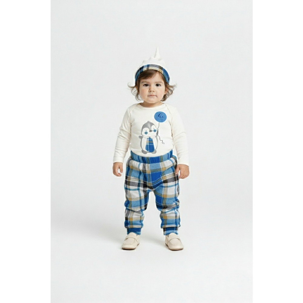 Erkek Bebek Ekose Pantolonlu Şapkalı Body Takım SB587