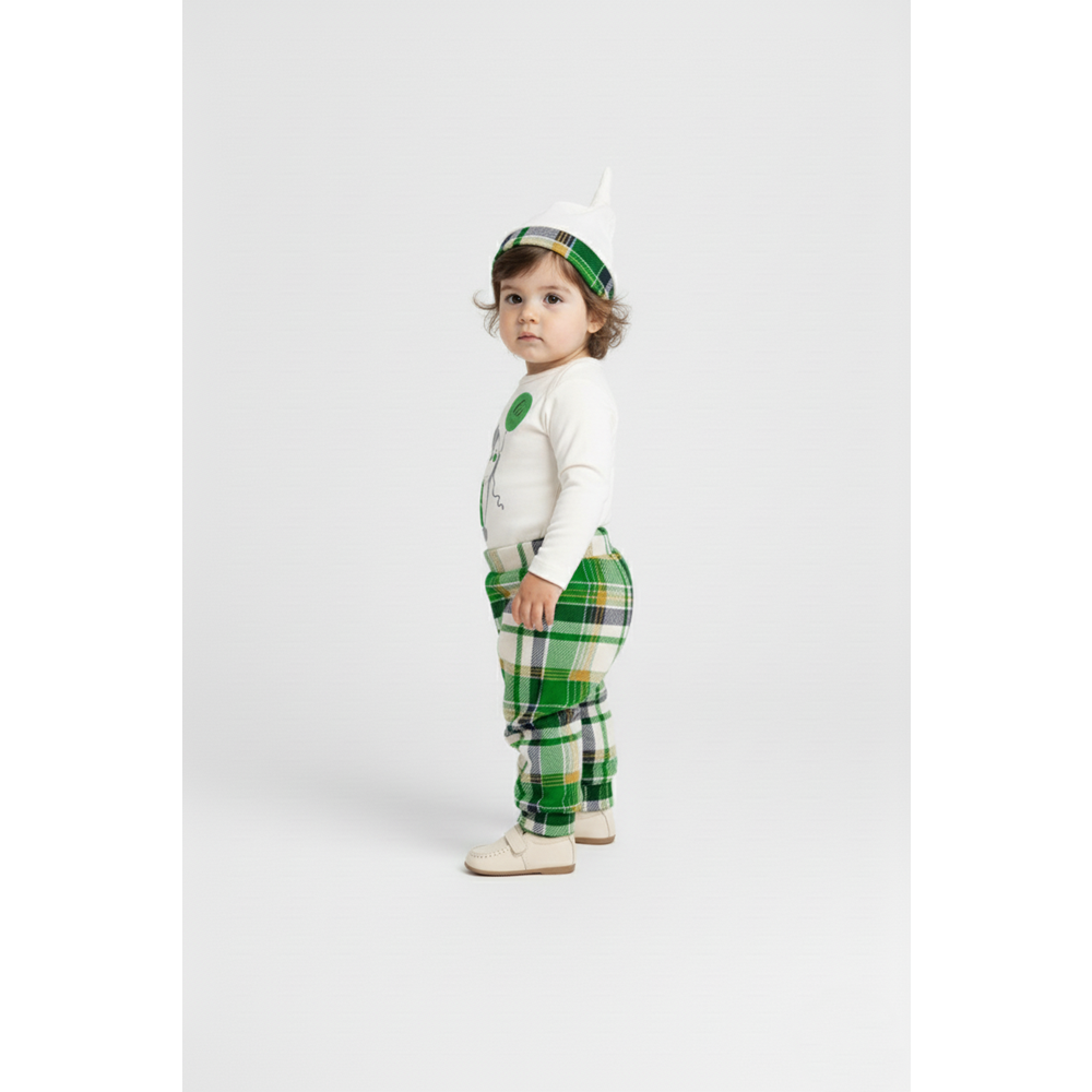 Erkek Bebek Ekose Pantolonlu Şapkalı Body Takım SB587