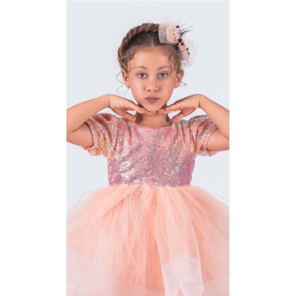 Kısa Kol Kız Çocuk Gren Tütülü Payet Parti Elbise SB601