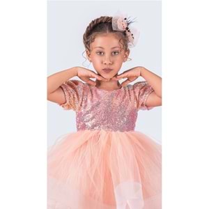 Kısa Kol Kız Çocuk Gren Tütülü Payet Parti Elbise SB601