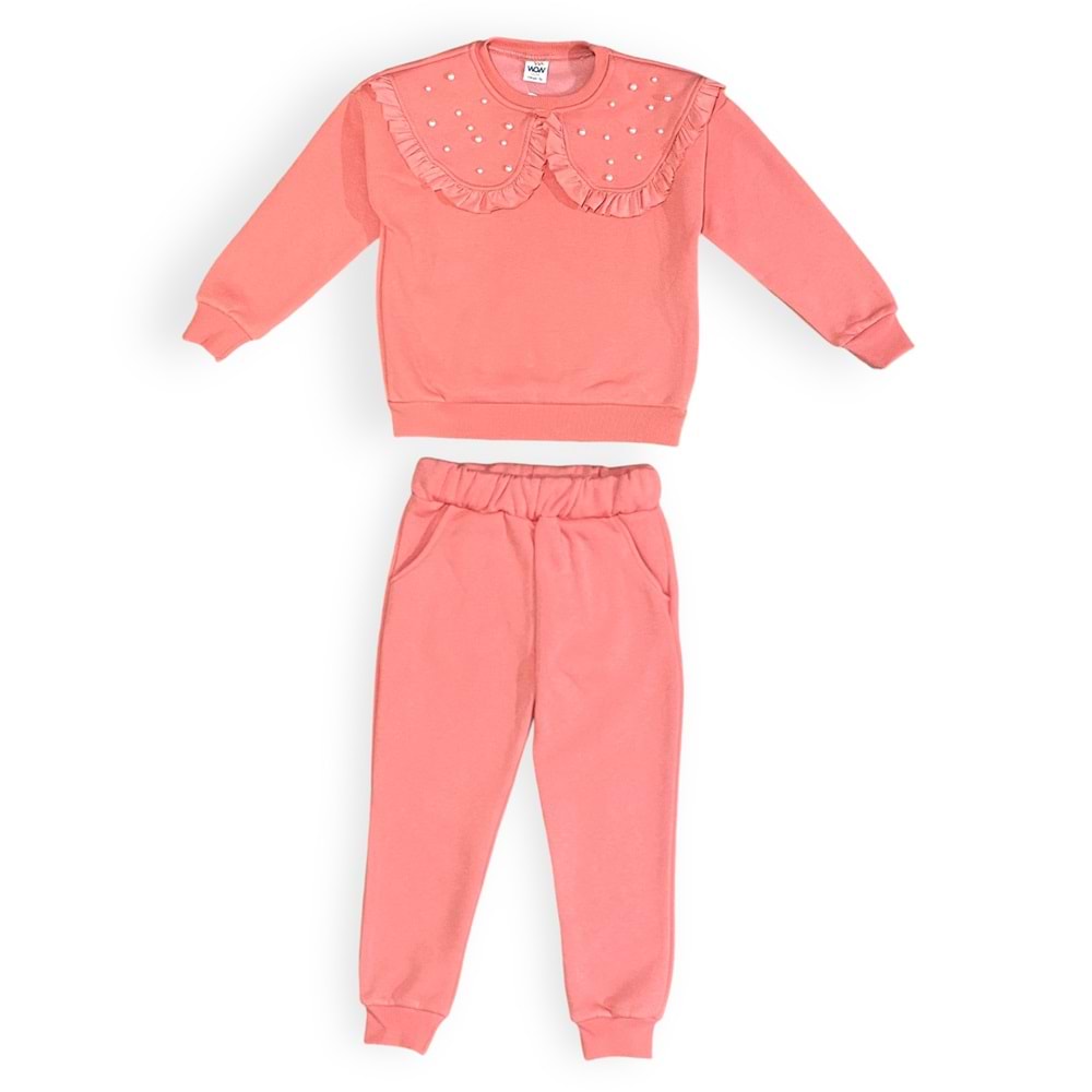 Kışlık İçi Polarlı 3 İplik Kız Çocuk Yaka Detaylı Eşofman Takım