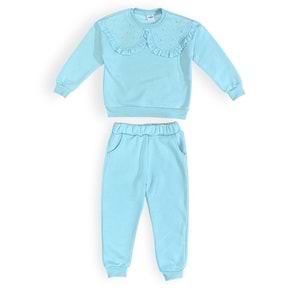 Kışlık İçi Polarlı 3 İplik Kız Çocuk Yaka Detaylı Eşofman Takım