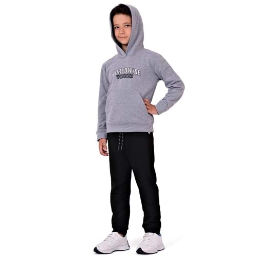 Erkek Çocuk Nakışlı Kanguru Cepli Kapuşonlu Sweatshirt Eşofman Takımı