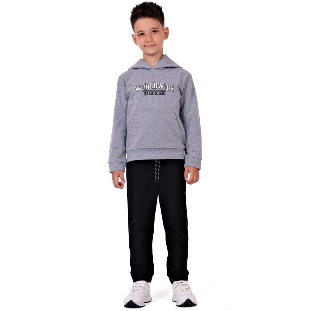 Erkek Çocuk Nakışlı Kanguru Cepli Kapuşonlu Sweatshirt Eşofman Takımı