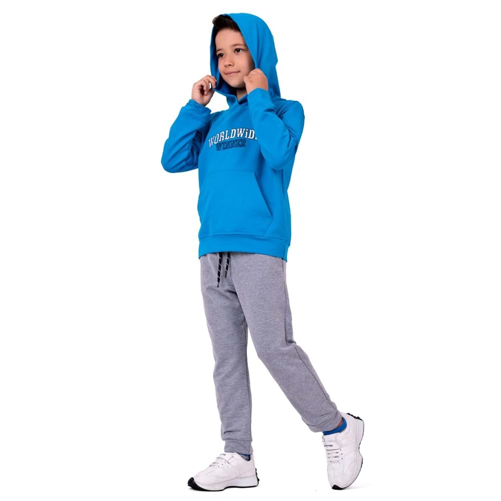 Erkek Çocuk Nakışlı Kanguru Cepli Kapuşonlu Sweatshirt Eşofman Takımı