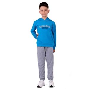 Erkek Çocuk Nakışlı Kanguru Cepli Kapuşonlu Sweatshirt Eşofman Takımı