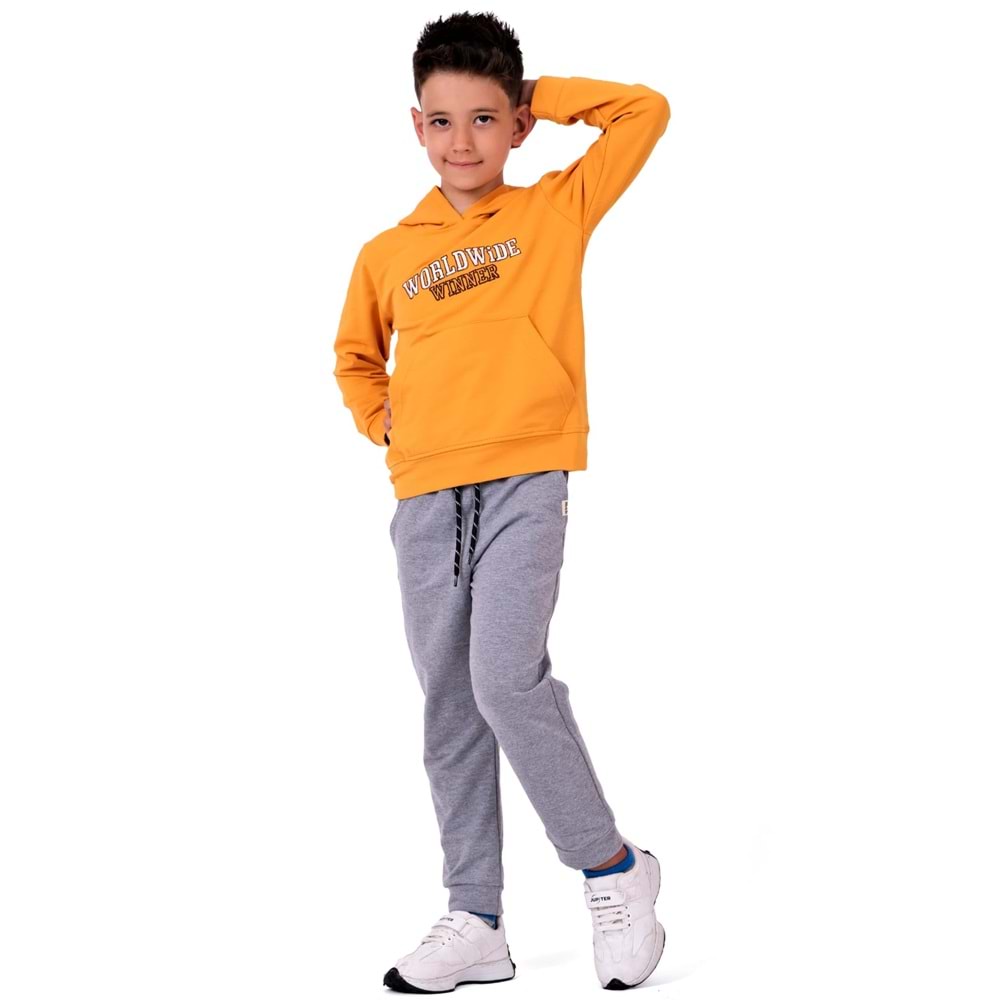 Erkek Çocuk Nakışlı Kanguru Cepli Kapuşonlu Sweatshirt Eşofman Takımı