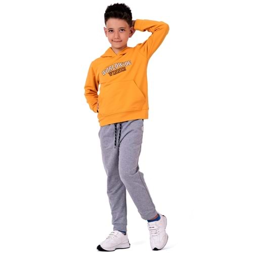 Erkek Çocuk Nakışlı Kanguru Cepli Kapuşonlu Sweatshirt Eşofman Takımı