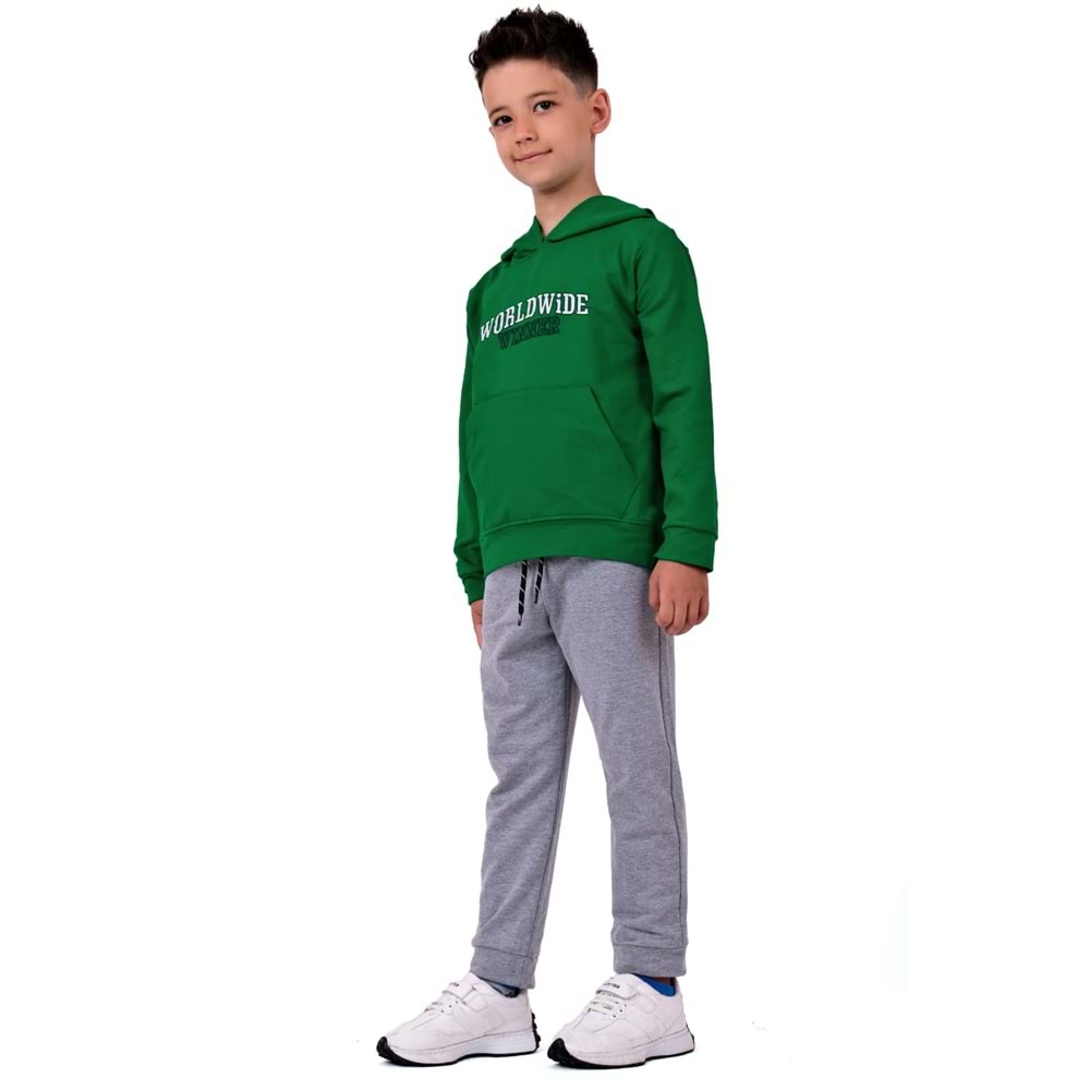 Erkek Çocuk Nakışlı Kanguru Cepli Kapuşonlu Sweatshirt Eşofman Takımı